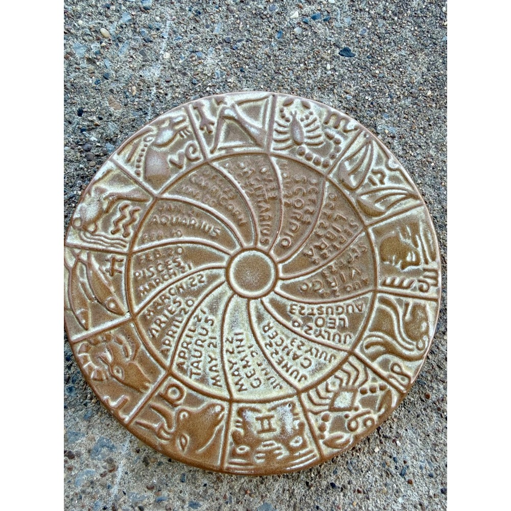 Frankoma Pottery ZTR Zodiac Astrology Trivet Plate Tan Glaze Sun Moon 6.25in